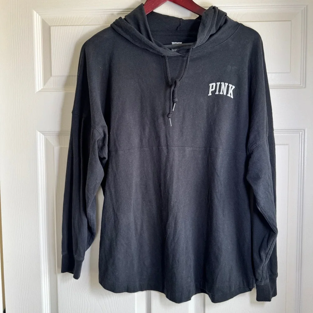 PINK Victoria's Secret Black Glitter Logo Hooded Long Sleeve Tee Shirt Womens S - Picture 12 of 14